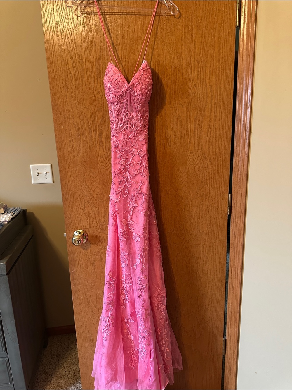 Sherri Hill Pink Floral Lace Spaghetti Strap Prom Dress